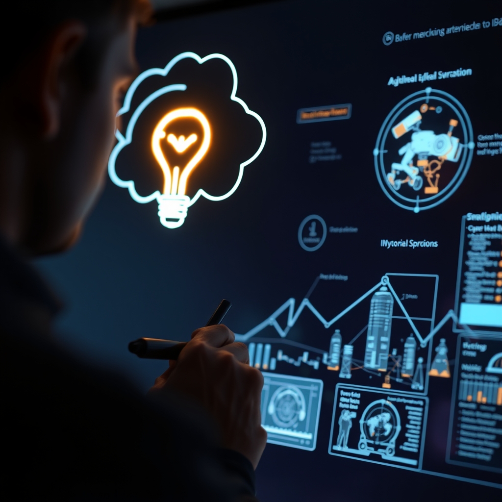 A person sketching a glowing idea in a thought bubble, which then flows into a sleek AI interface that begins to visualize it as a dynamic scene.