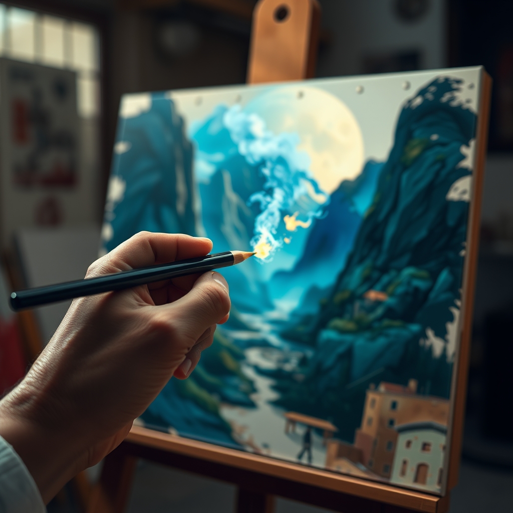 An artist's hand holding a digital stylus, with brush strokes transforming into realistic cinematic scenes on a canvas, symbolizing the blend of traditional artistry and AI.