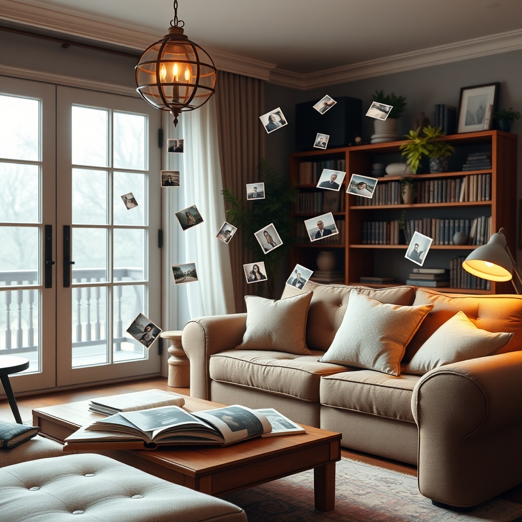 A cozy living room where old photo albums and handwritten journals come to life, with memories gently floating out and forming into warm, animated video snippets.