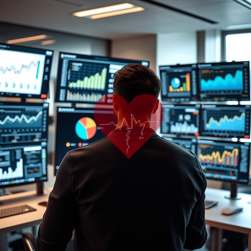 A modern marketer looking at multiple data dashboards on screens, with a faint, broken heart graphic overlaying the charts, in a sleek office setting.