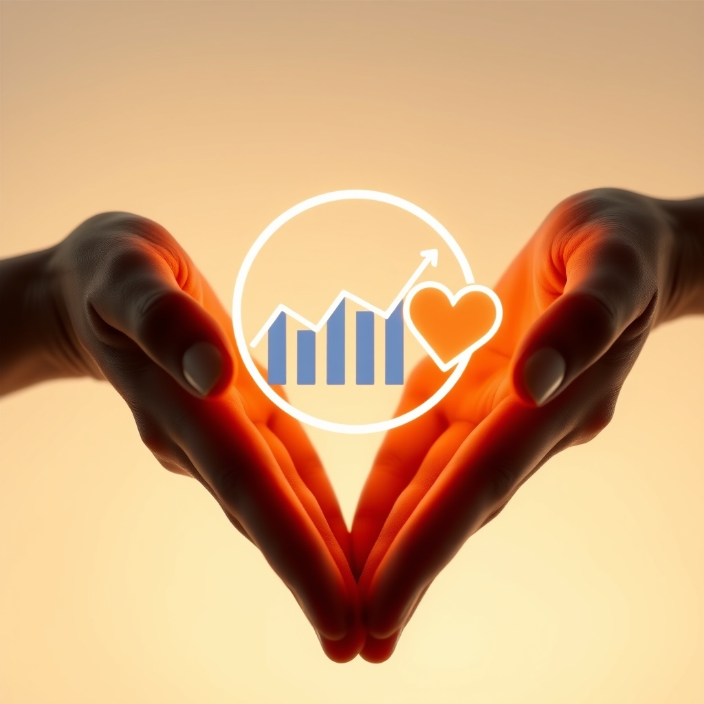 A pair of hands, one holding a stylized data graph icon and the other holding a glowing heart icon, gently bringing them together to form a complete circle, on a soft gradient background.