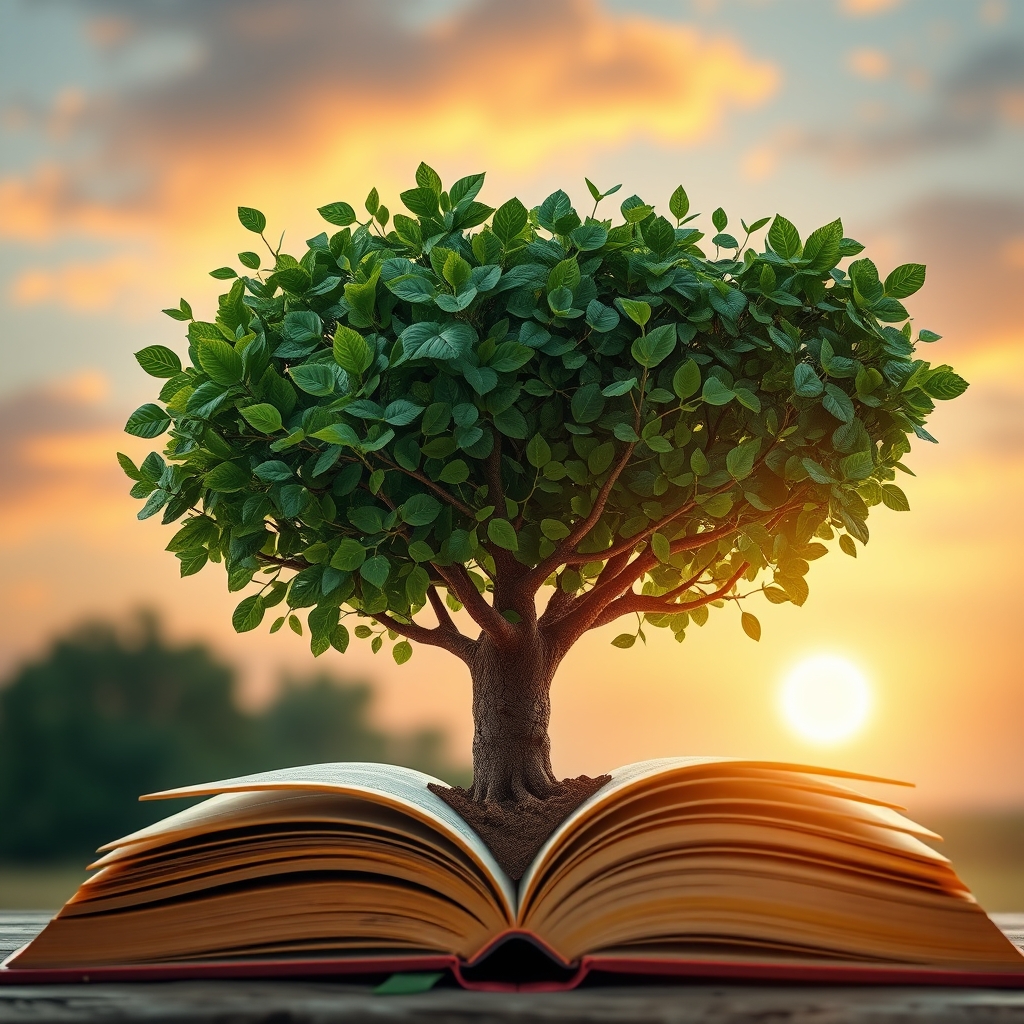 A thriving tree growing from an open book, one side of the leaves are shaped like data charts and the other side like hearts, under a warm sunset sky.