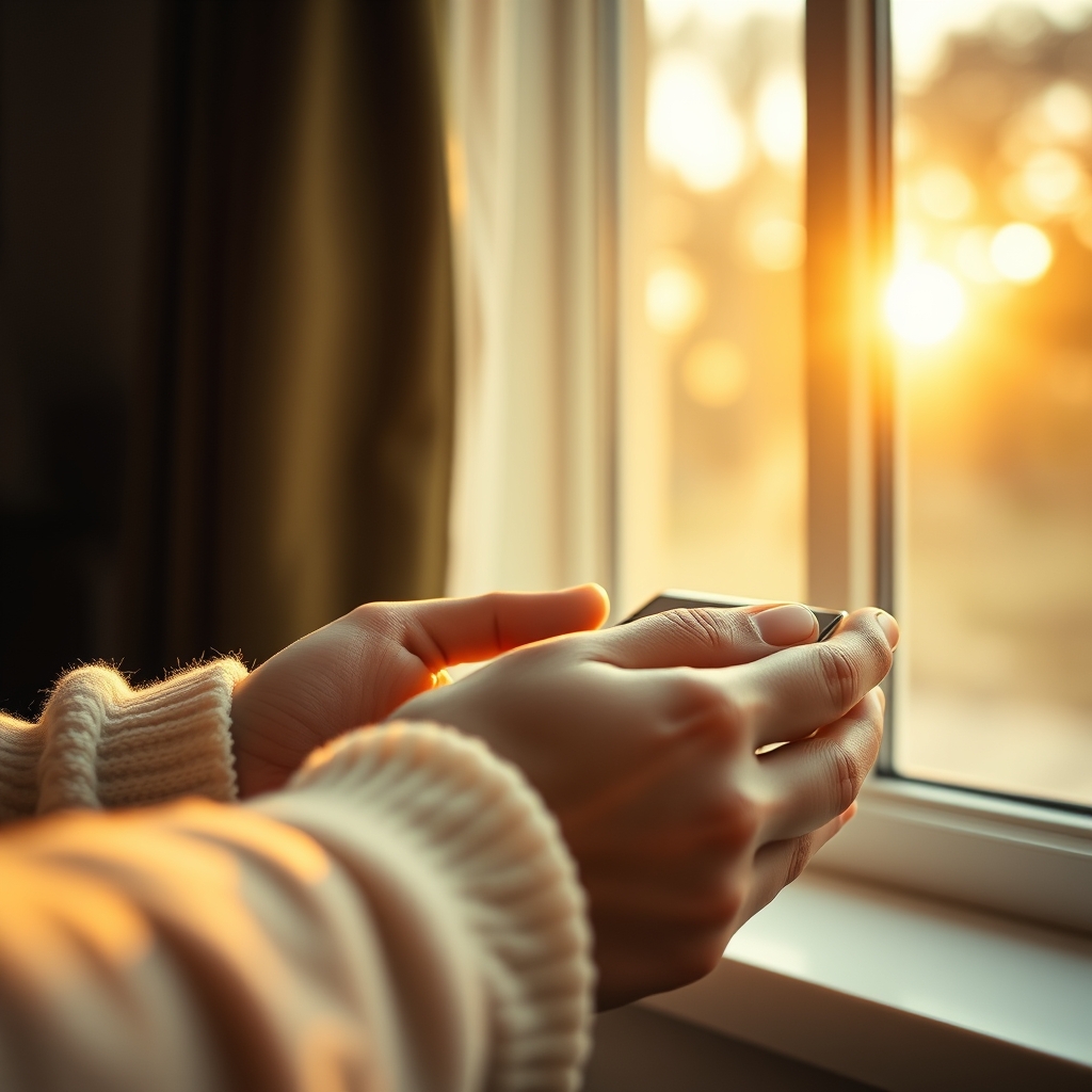 A warm, cinematic shot of hands gently interacting with a beautifully designed product, soft morning light streaming in through a window.