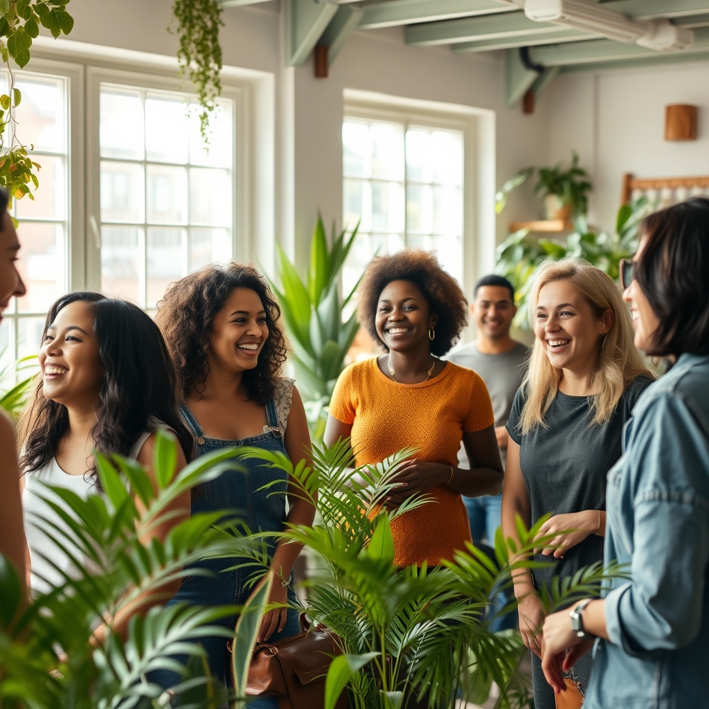 A diverse group of people laughing and connecting in a beautifully curated, sunlit community space, filled with plants.