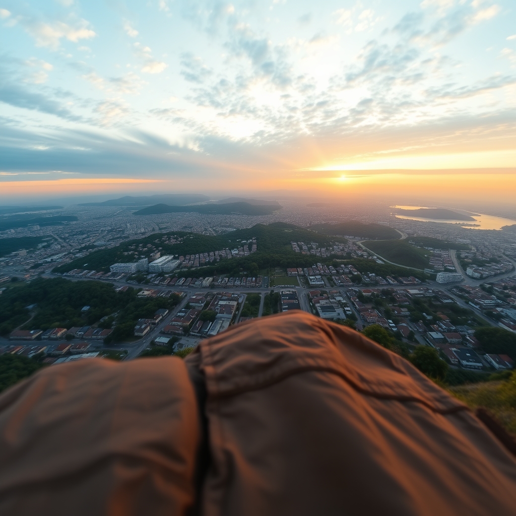 A serene, hopeful shot looking towards a horizon where a cityscape harmoniously blends with nature, under a gradient sunset sky.