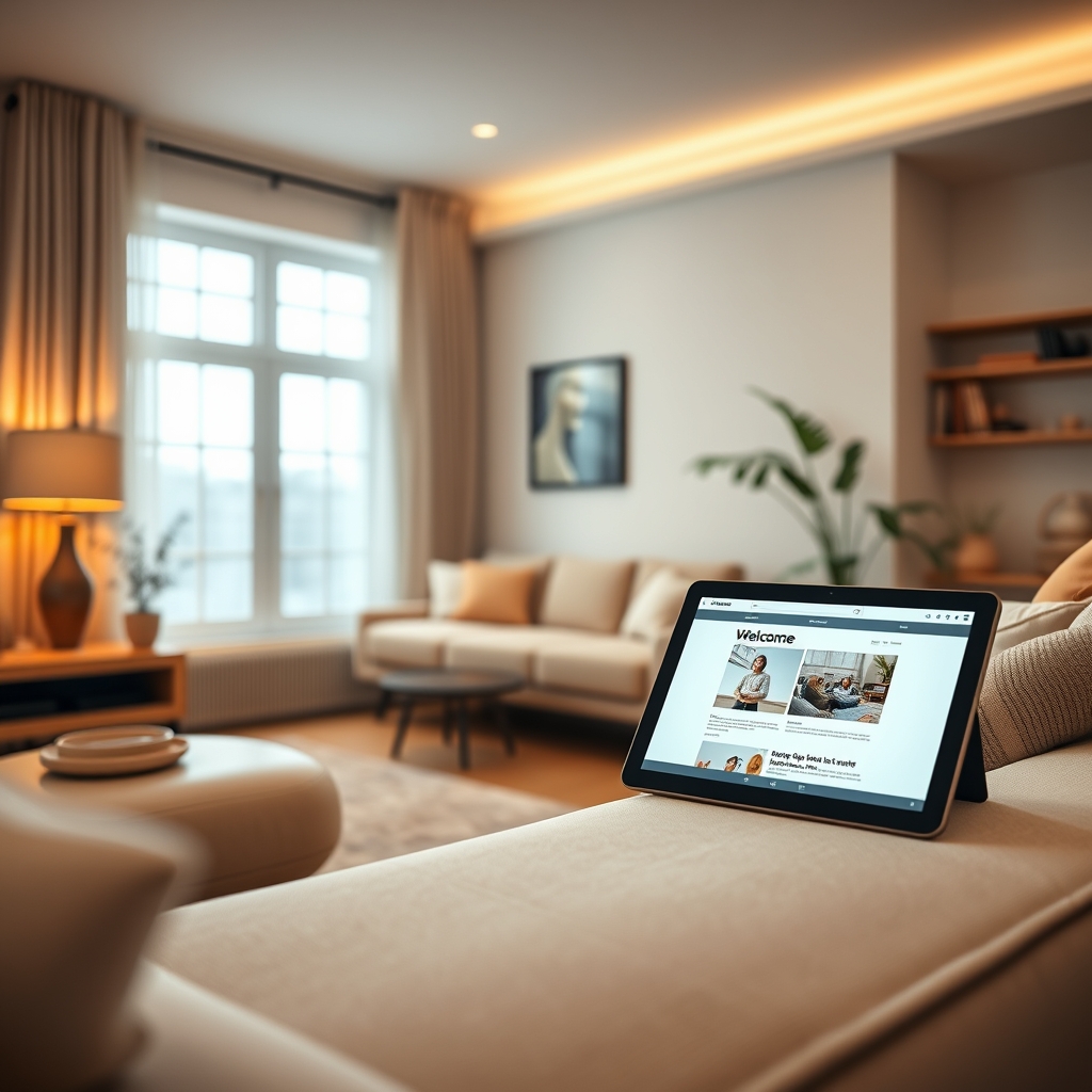 A warmly lit, minimalist living room with a comfortable sofa and a tablet showing a website with smooth animations, evoking a feeling of calm welcome.