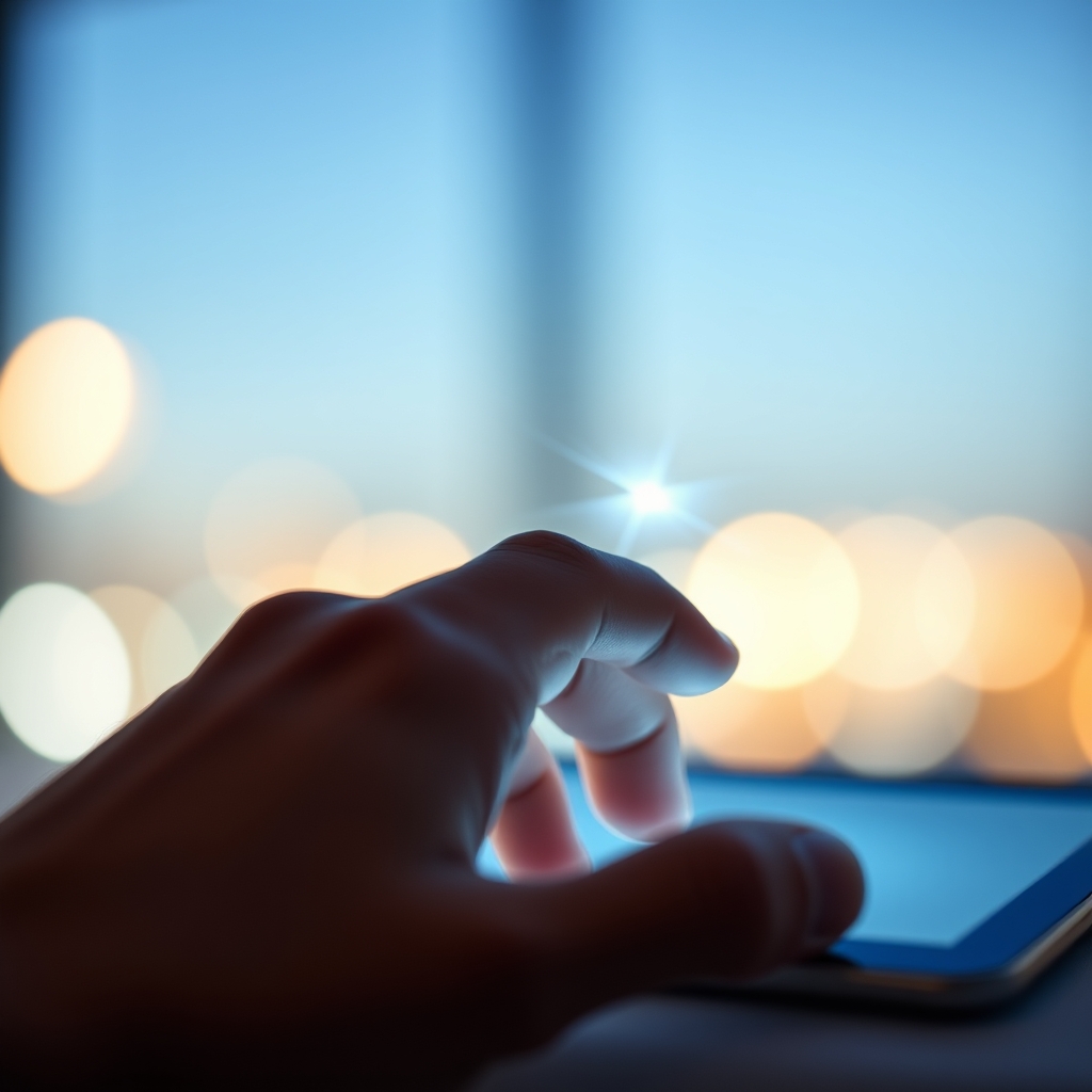 A close-up of a hand gently swiping through a tablet screen, with soft light trails following the finger, symbolizing seamless and intuitive interaction.