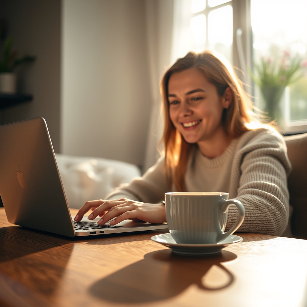 A serene scene of a person smiling while looking at a laptop screen, with a cup of warm tea beside it, bathed in the soft morning light from a window.