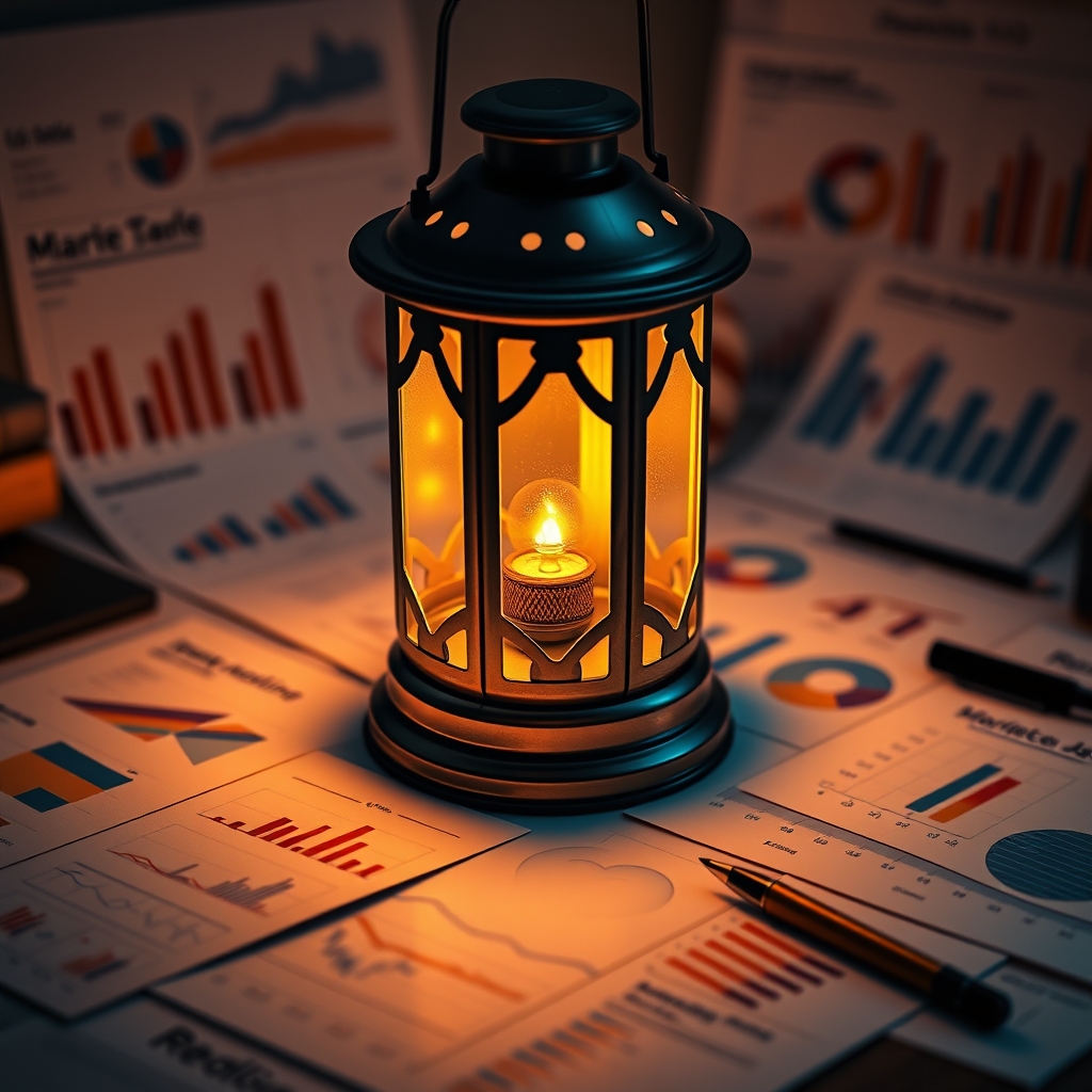 A warm, glowing lantern sitting on a desk amidst scattered marketing charts and data graphs, illuminating them with a soft light.