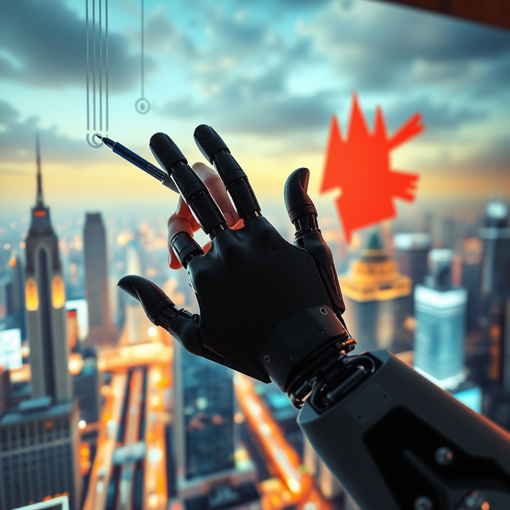 A human hand and a robotic hand collaboratively painting a vibrant, futuristic cityscape on a digital canvas.