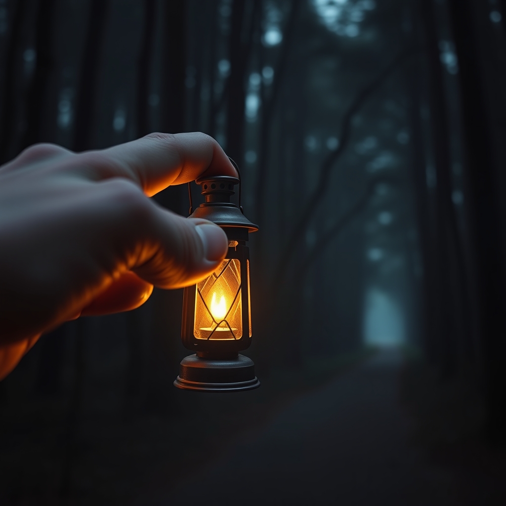 A close-up of a finger switching on a small, elegant lantern, with its light spreading out to reveal a path through a dark forest.