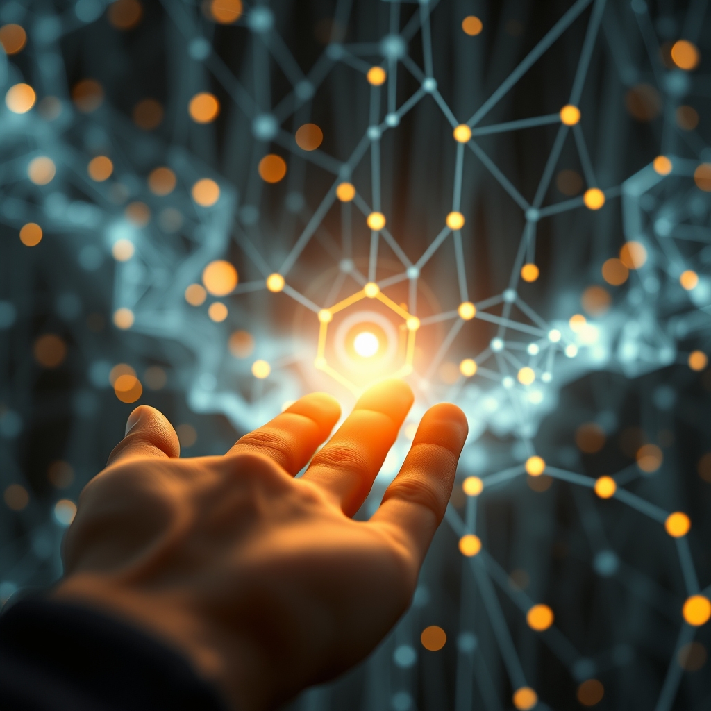 A close-up of a human hand gently guiding a glowing, abstract digital AI network, with warm light emanating from the point of contact.