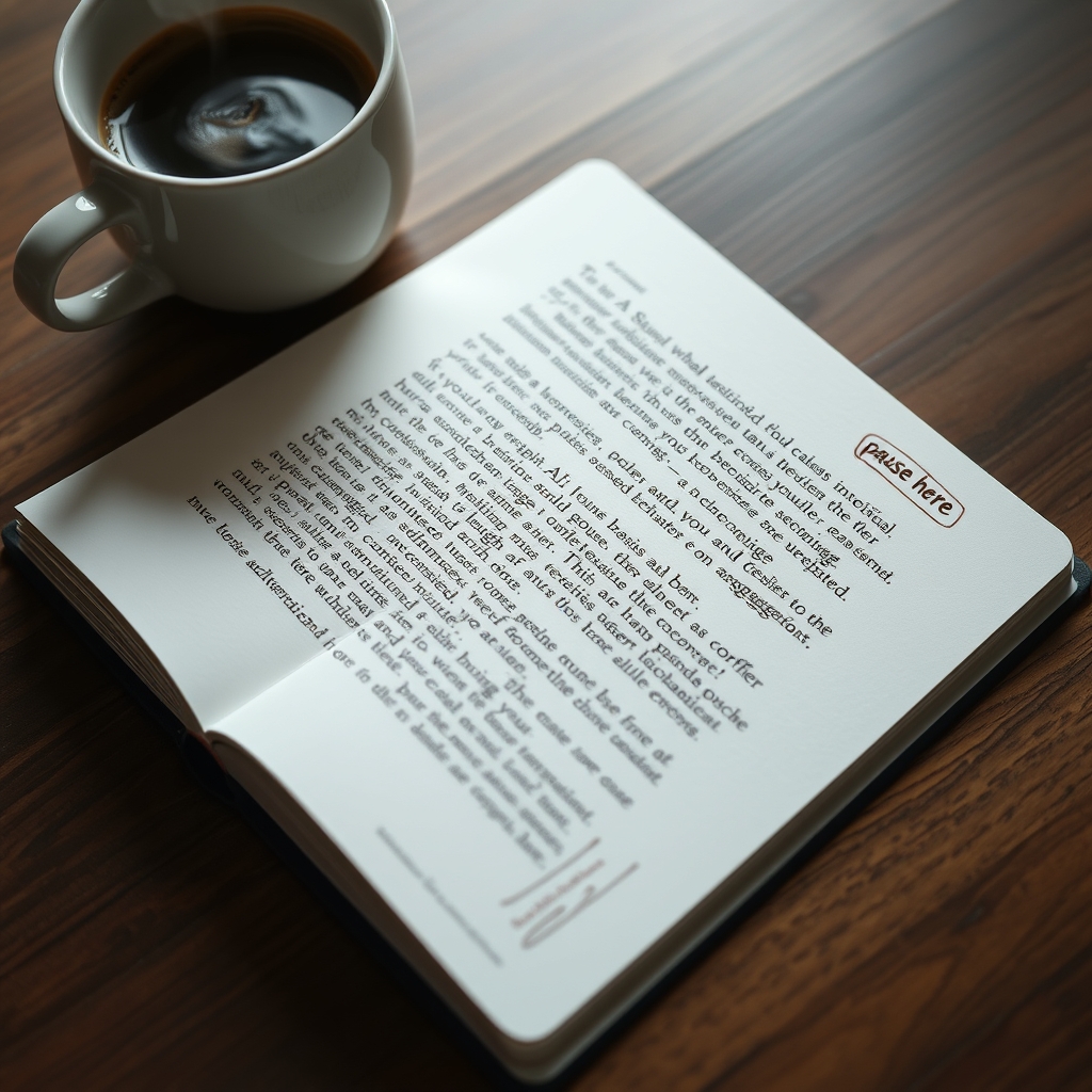 An open notebook showing AI-generated text, with handwritten notes in the margins adding emotional cues like 