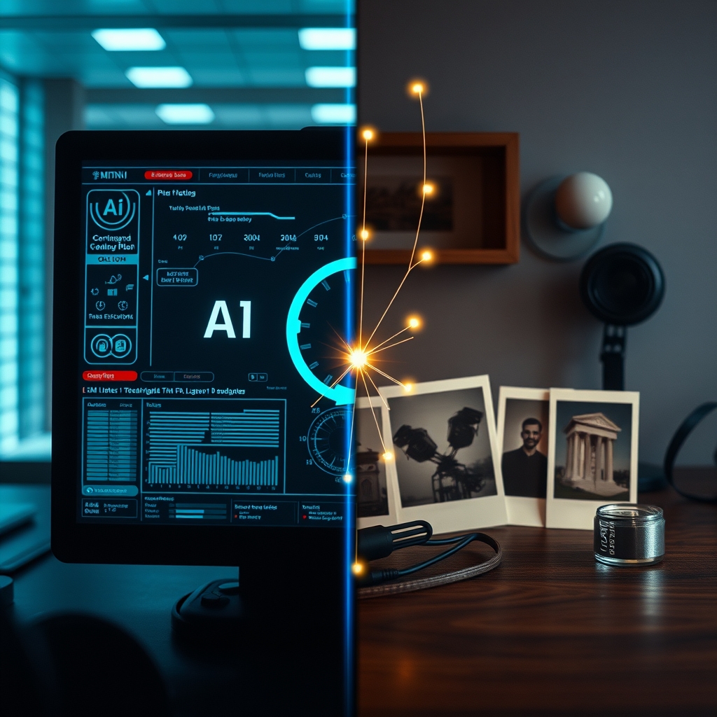 A split-screen image: one side shows a modern AI interface, the other side shows faded, nostalgic polaroid photos and vintage items, with connections of light bridging the two sides.