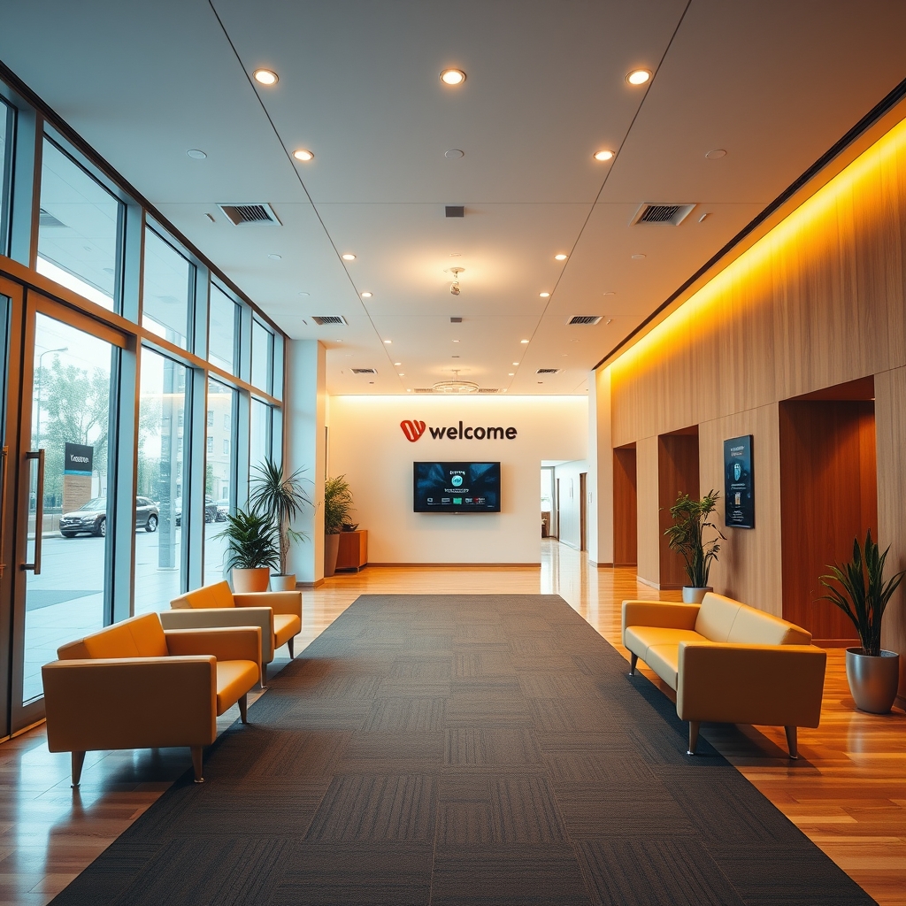 A warm, inviting modern office lobby that metaphorically represents a website homepage, with clear signage and welcoming atmosphere.