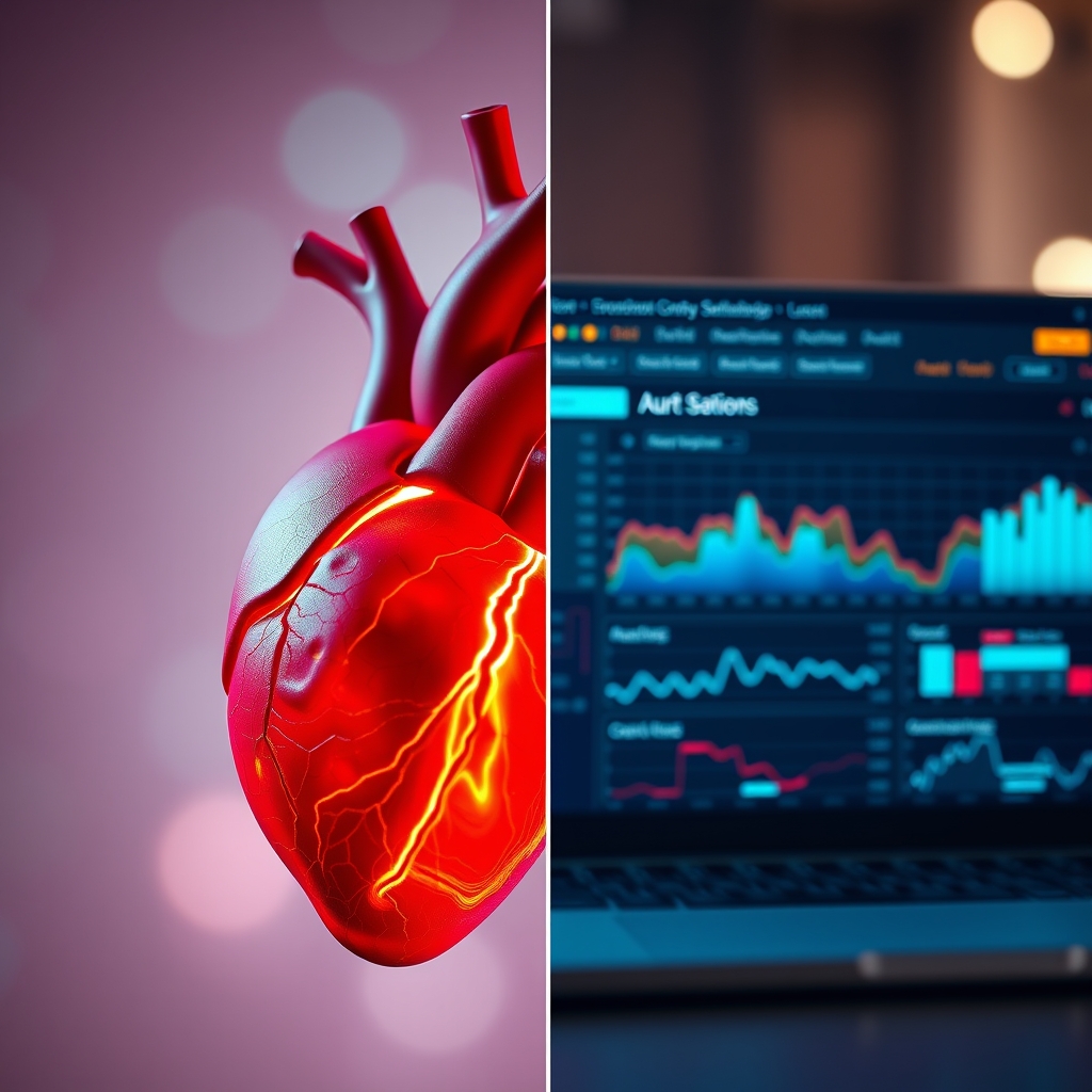 A split-screen image showing a vibrant, beating heart on one side and a sleek, interactive website dashboard with flowing data on the other.