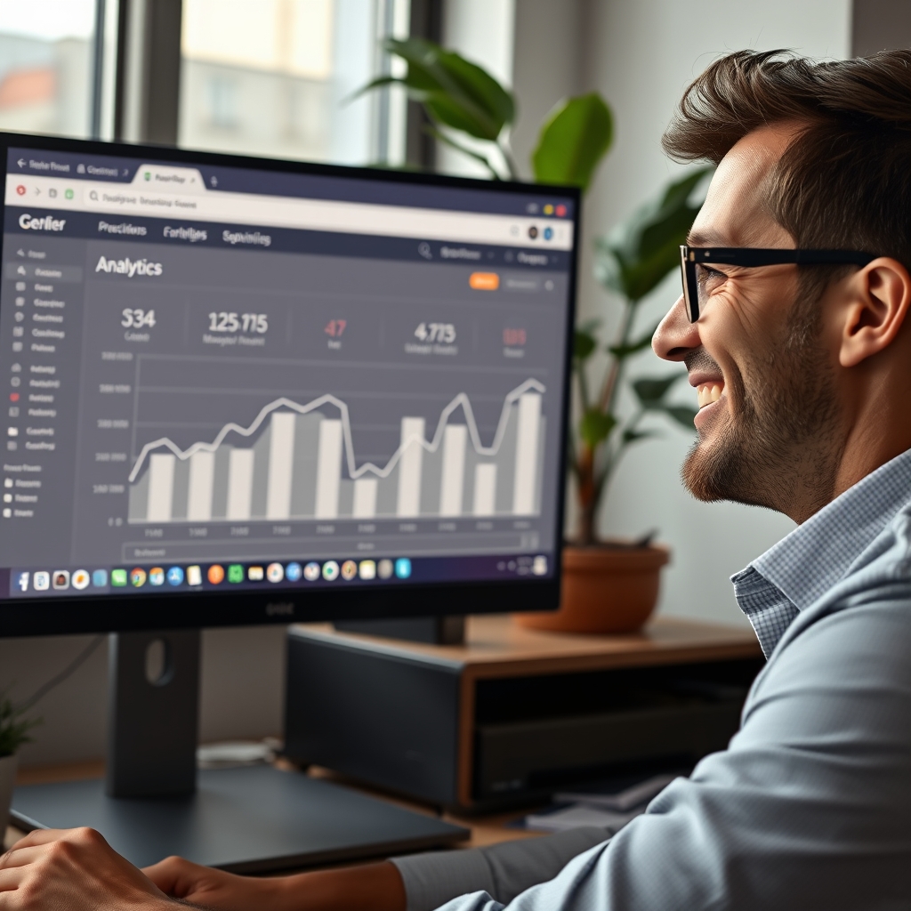 A business owner smiling while looking at a website analytics screen showing positive growth graphs, with a plant thriving in the background.