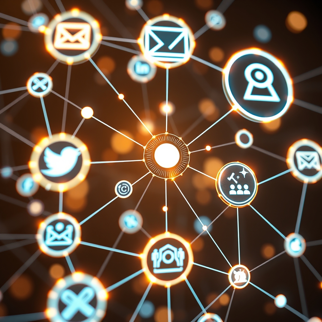 A dynamic network visualization with glowing nodes representing different marketing channels like social media icons, email symbols, and search engines, all interconnected by flowing lines of light.