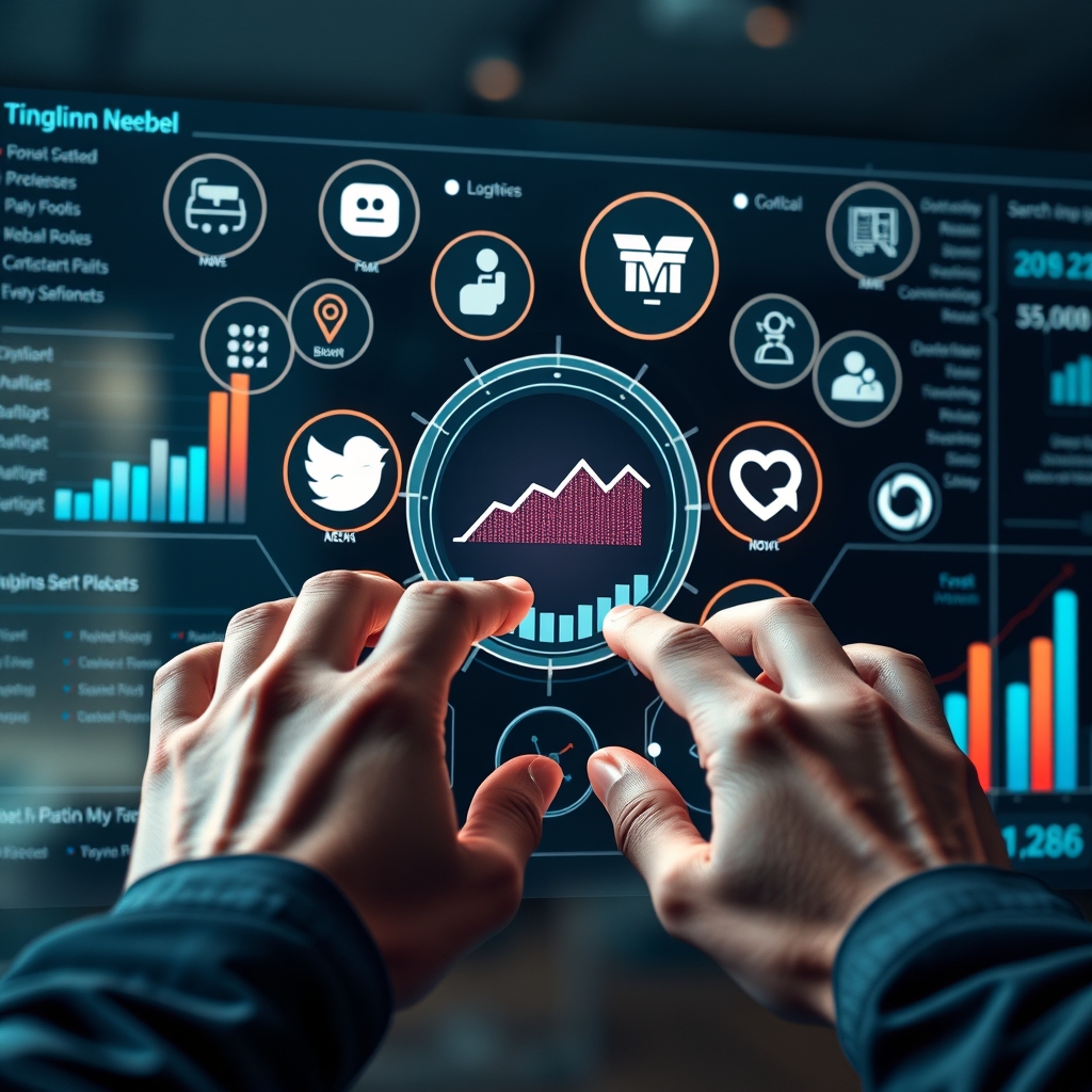 A marketer's hands adjusting a modern, holographic dashboard that shows real-time analytics and growth metrics flowing between different platform icons.
