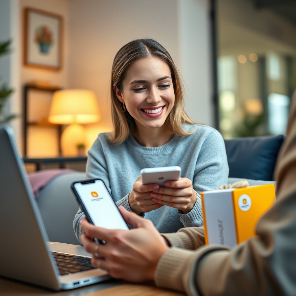 A serene, customer-centric scene showing a person smiling as they seamlessly interact with a brand across a smartphone, laptop, and physical package, all bathed in cohesive brand colors.