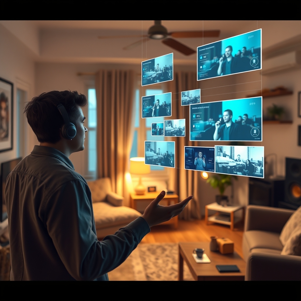 A content creator looking at multiple floating holographic screens showing different AI-generated video concepts in a cozy, modern home studio.