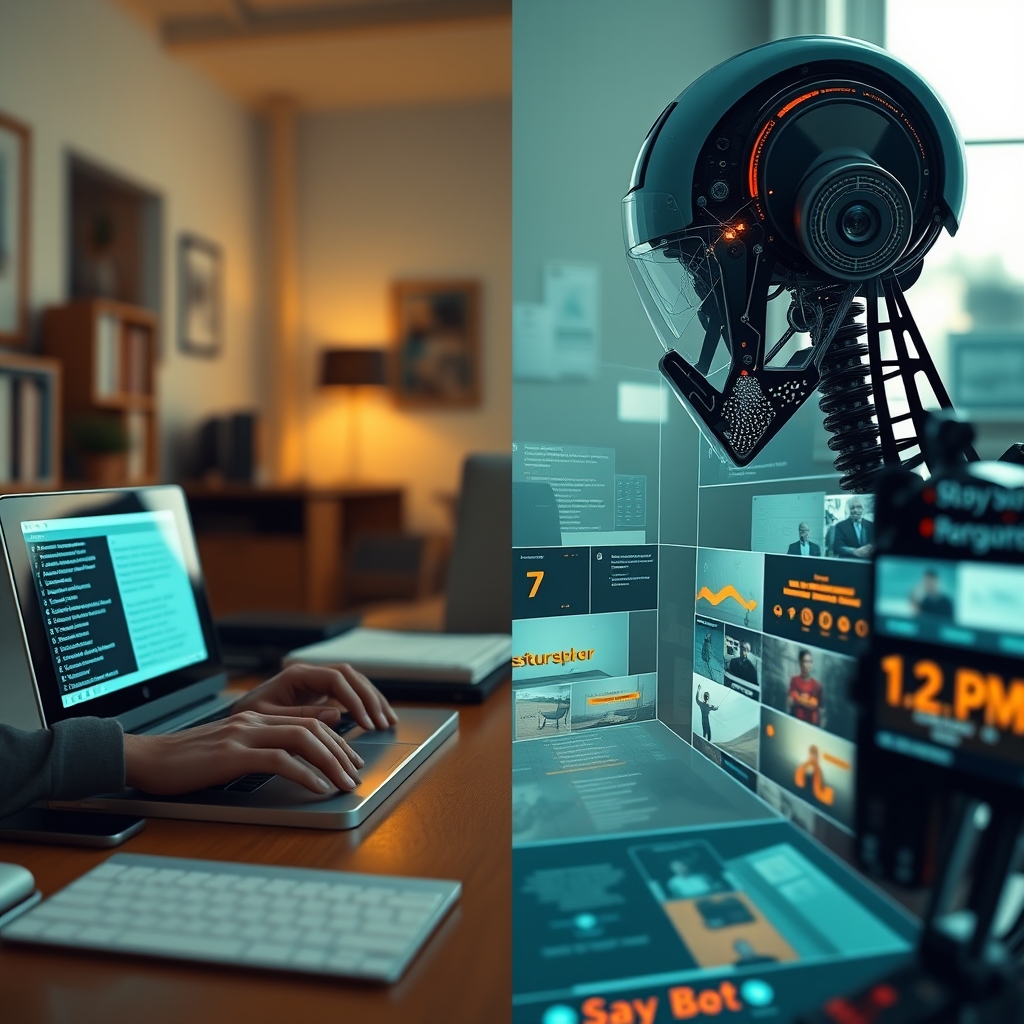 A split-screen image showing on one side a creator typing a story idea, and on the other side, an AI dynamically generating a storyboard and visual scenes from that text.