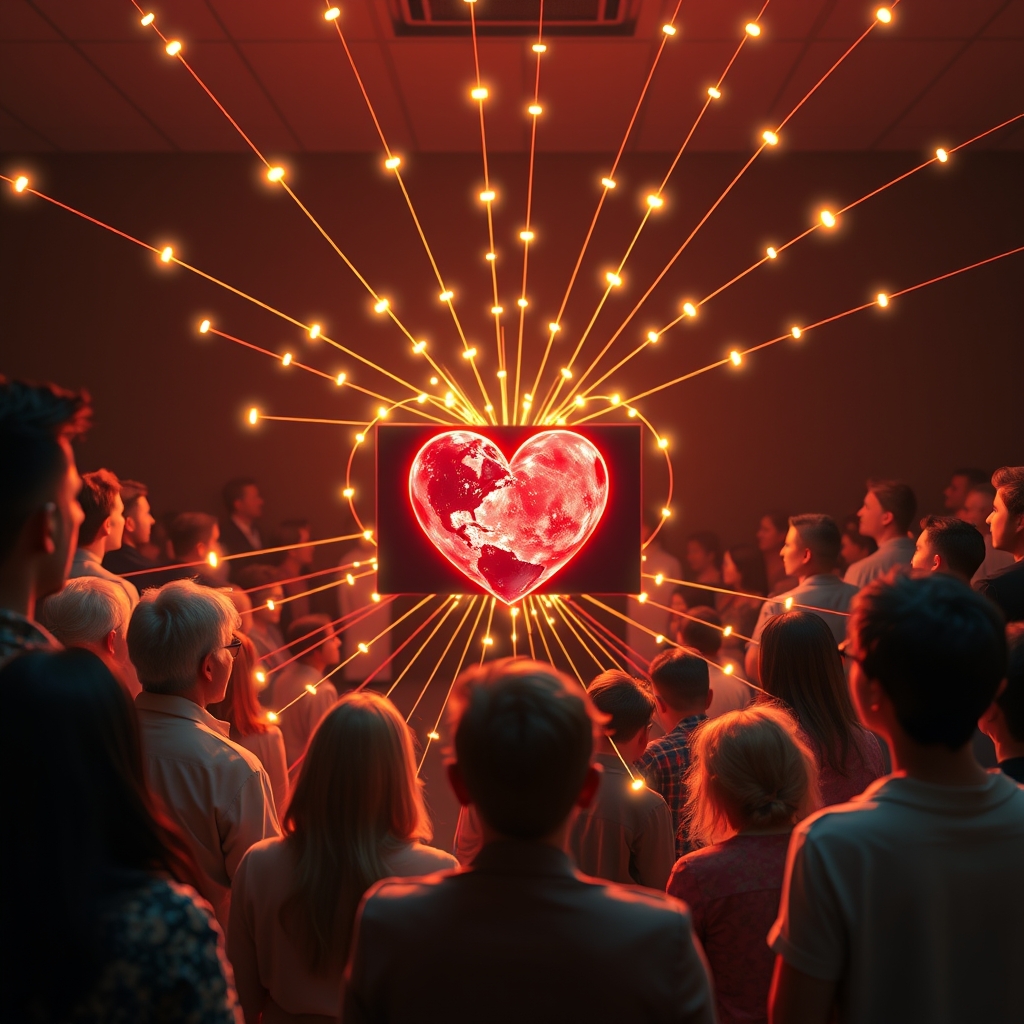A diverse group of people connected by glowing lines to a central heart-shaped screen playing an AI-generated video, symbolizing community and emotional connection.