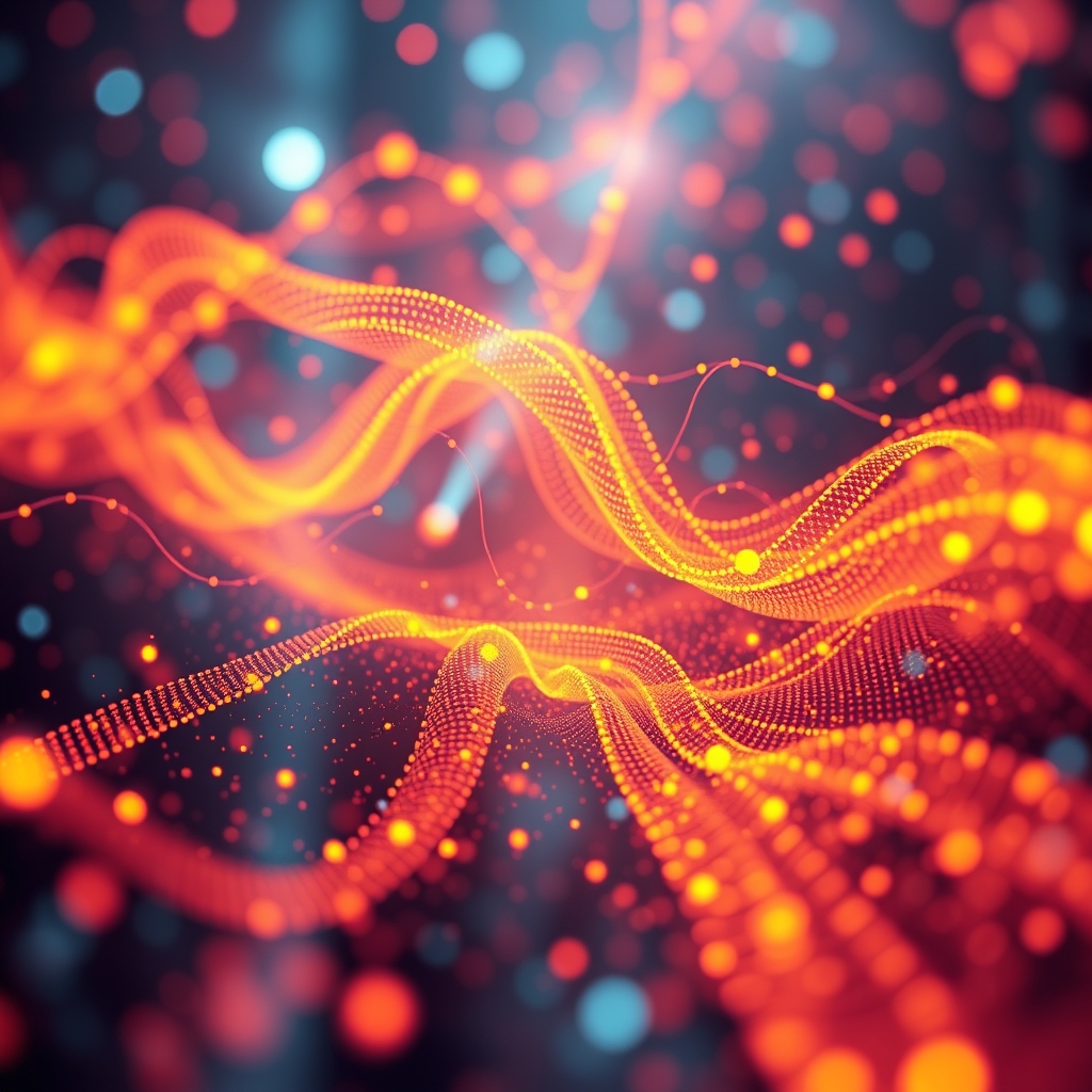 A warm, abstract visualization of data points transforming into flowing, colorful emotions like joy, curiosity, and anticipation, viewed through a futuristic lens.