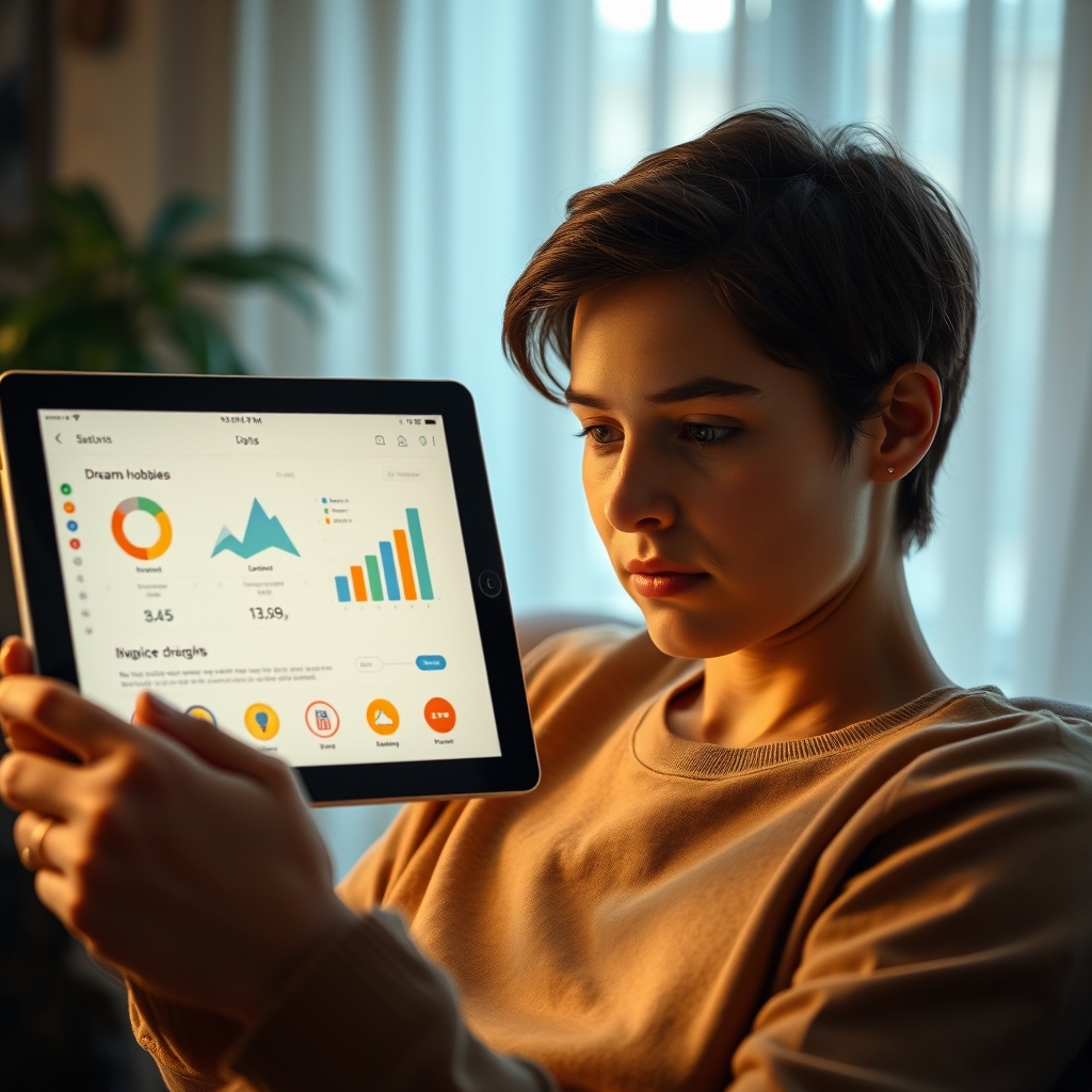 A person looking thoughtfully at a tablet screen, where their own data is visualized not as charts, but as intuitive icons representing dreams, hobbies, and unspoken wishes.
