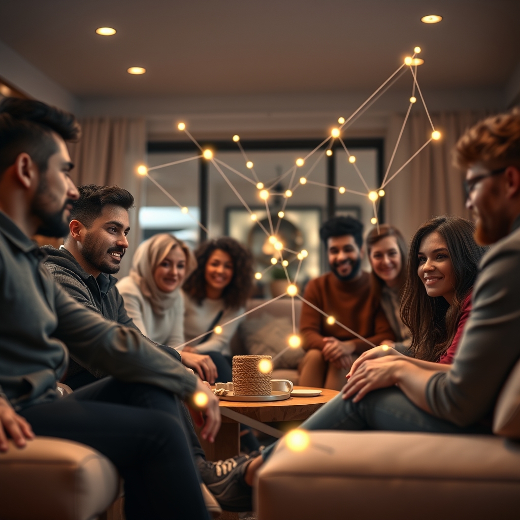A diverse group of people connected by gentle, glowing lines of data, symbolizing understanding and connection, in a cozy and modern living space.