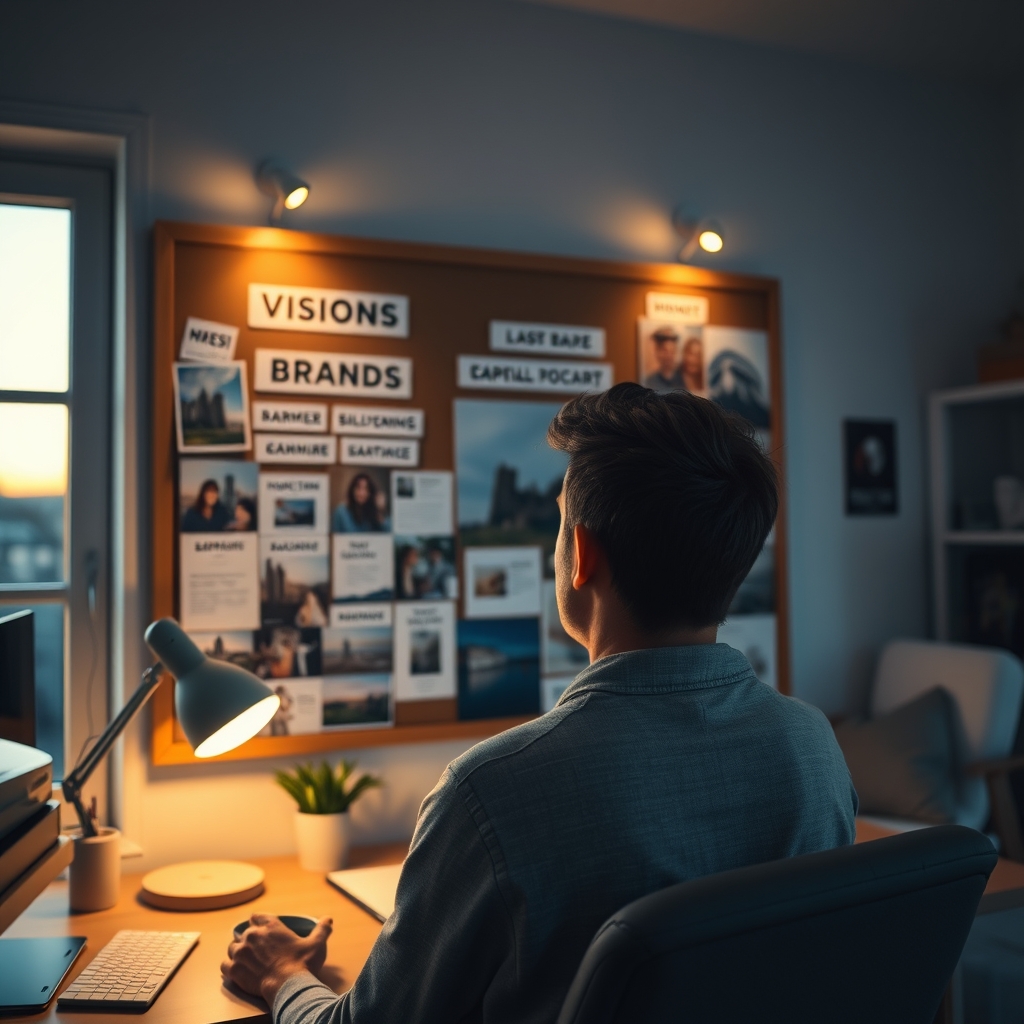 A person looking thoughtfully at a vision board with brand keywords and images, in a cozy, softly lit home office at dusk.