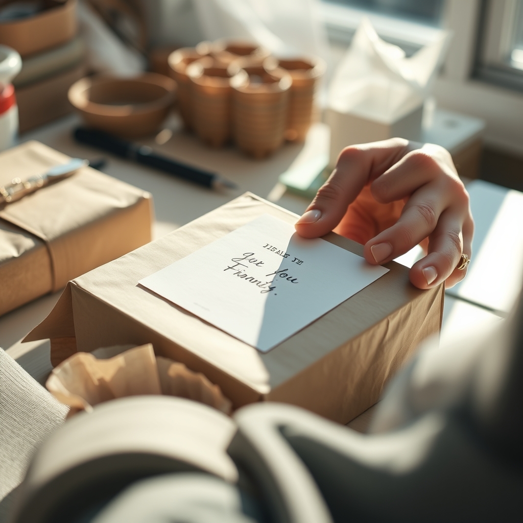 Close-up of hands carefully crafting a simple, beautiful product package with a handwritten note, sunlight streaming onto the workspace.