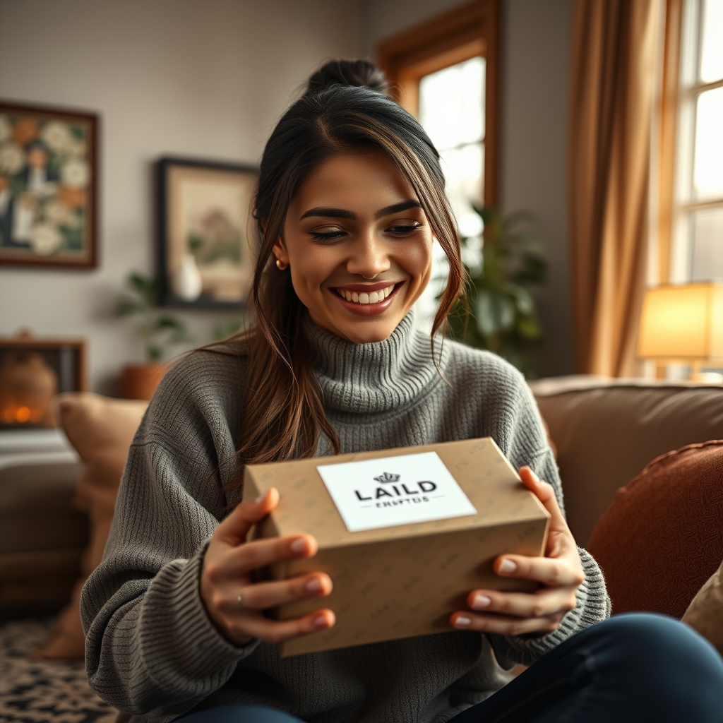 A smiling person receiving a thoughtfully branded package, surrounded by warm, inviting decor that reflects the brand's aesthetic.