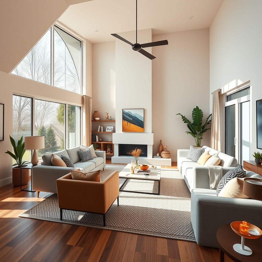 A warm, inviting modern living room with large windows, soft light, and personalized decor that tells a story, representing a brand's homepage.