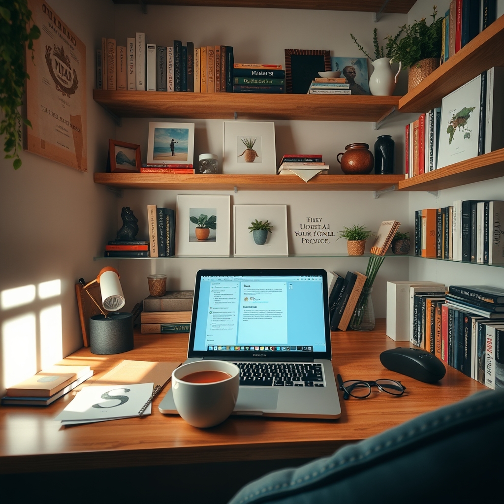 A cozy, well-organized study nook with an open laptop, a cup of coffee, and shelves filled with curated books and objects, symbolizing a blog or portfolio section.