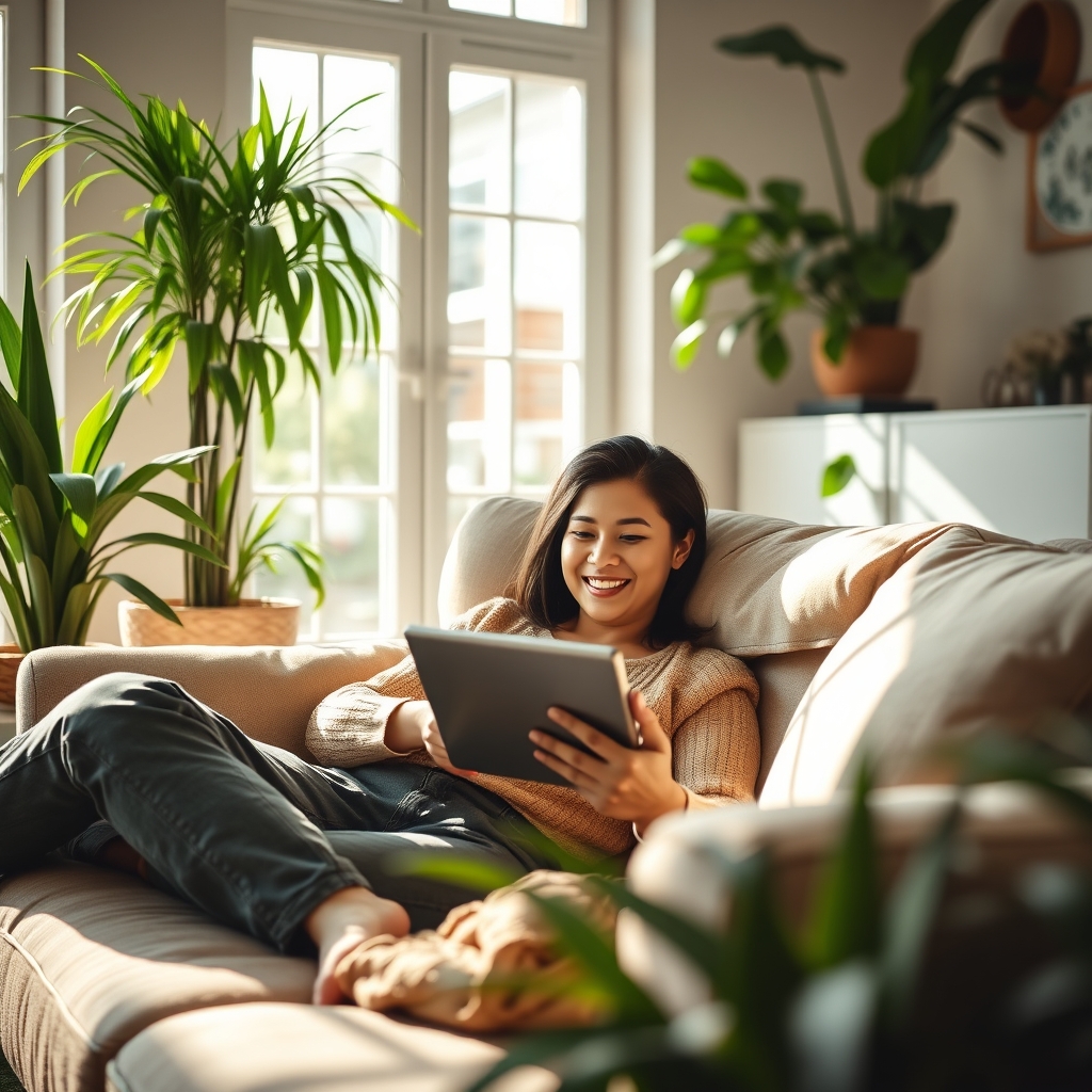 A person comfortably curled up on a sofa with a tablet, smiling while browsing a visually appealing website, in a sunlit room filled with plants.