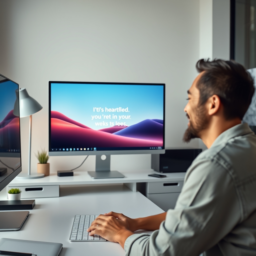 A modern, minimalist workspace where a person smiles warmly while reviewing a sleek, AI-generated video animation of a heartfelt message on a large desktop screen.