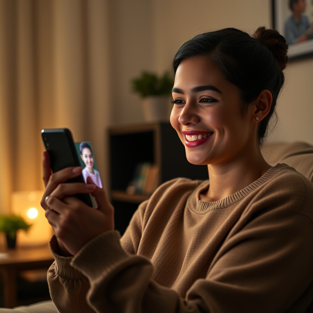 A person holding a phone, looking touched and smiling as they watch a personalized AI video message filled with shared memory visuals, with a soft, emotional glow lighting their face.