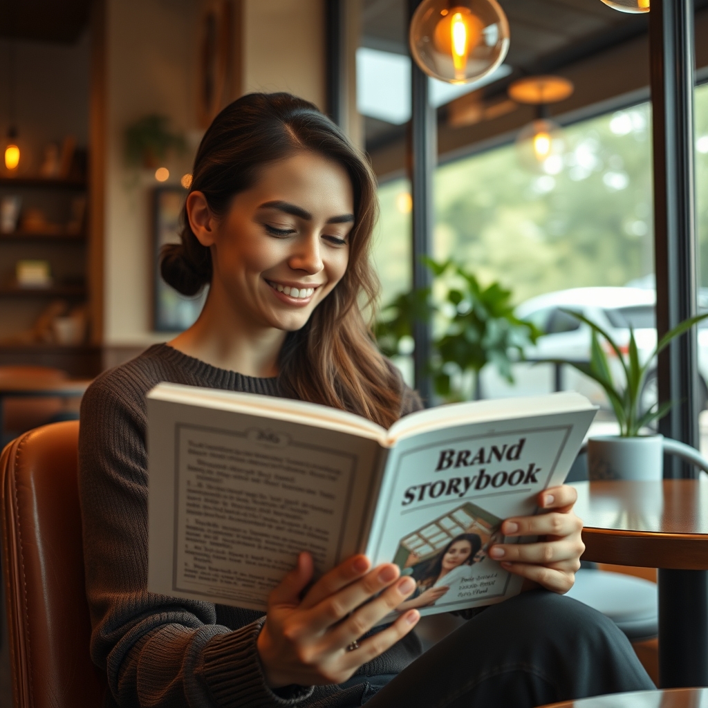 A person sitting in a cozy cafe, smiling softly while reading a beautifully designed brand storybook, with warm light filtering through the window.