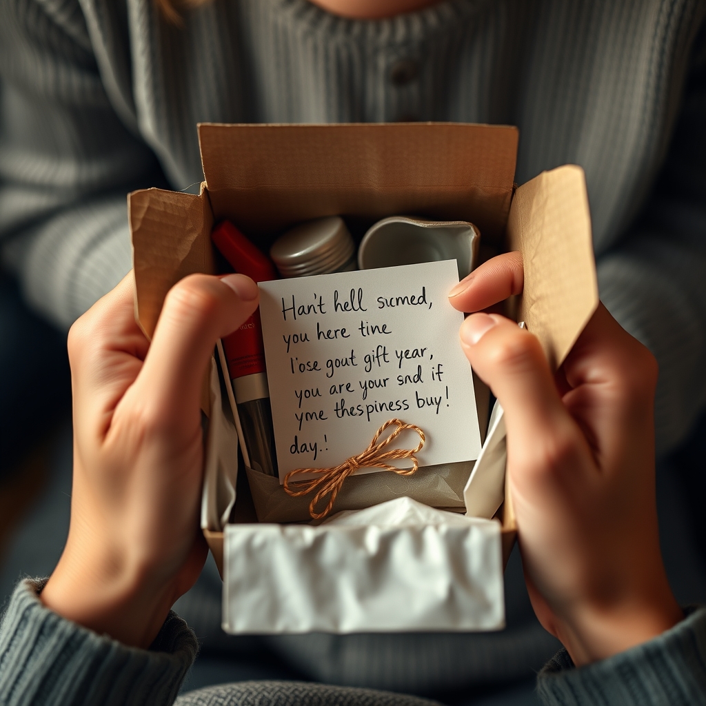 A close-up of hands unboxing a product, revealing a thoughtful, handwritten note and a small, unexpected gift that perfectly suits the recipient's personality.