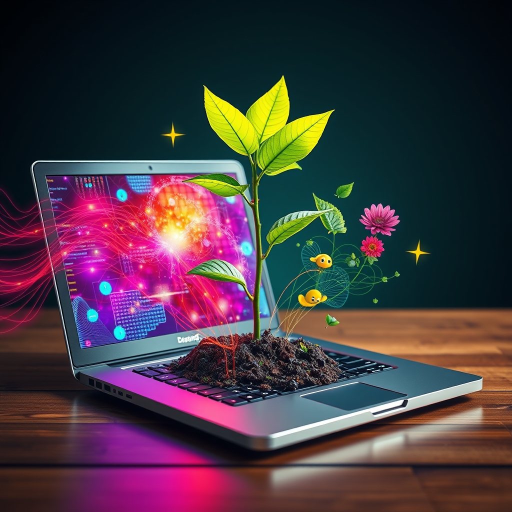 An artistic collage showing a vibrant, growing plant sprouting from an open laptop, symbolizing growth and connection, with colorful data streams transforming into natural elements like leaves and flowers.