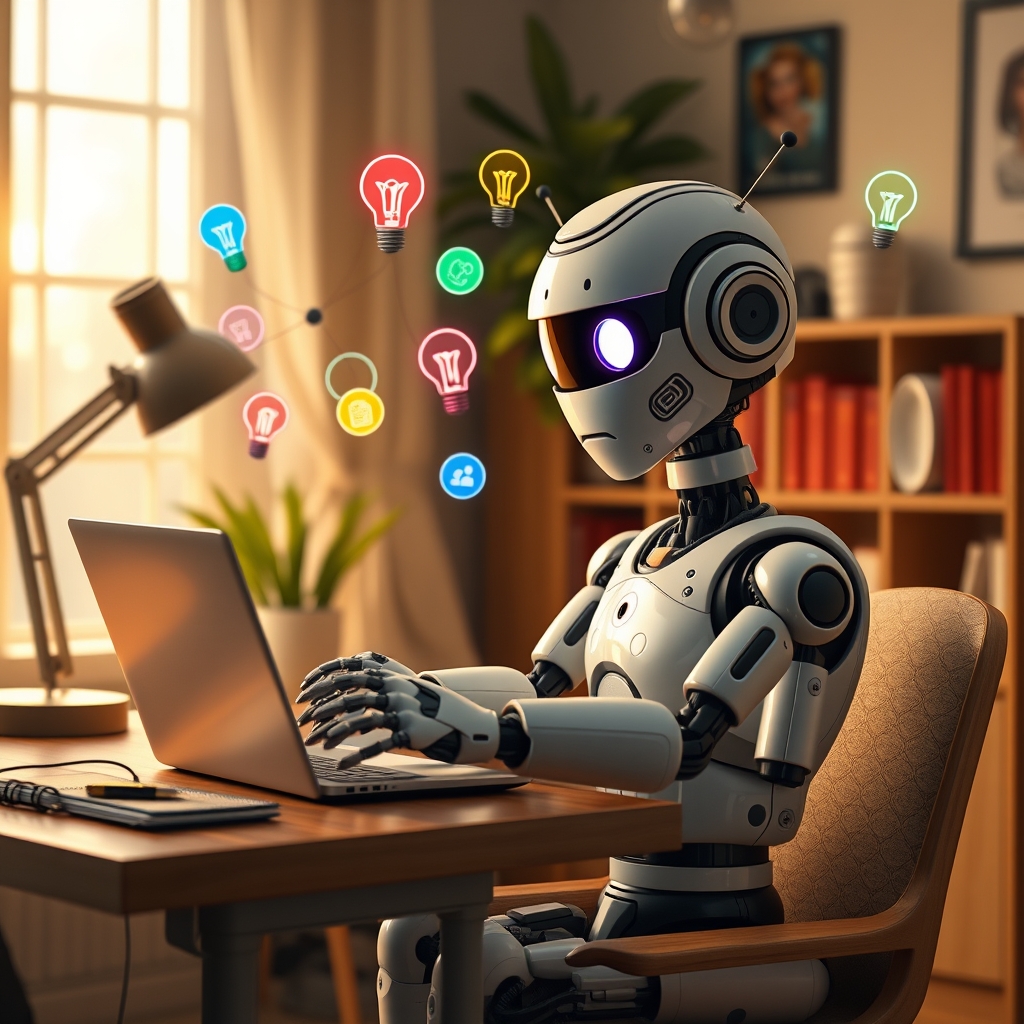 A friendly, futuristic AI robot character sitting at a cozy desk with a laptop, brainstorming ideas with colorful light bulbs floating around, in a warm, inviting home office setting.