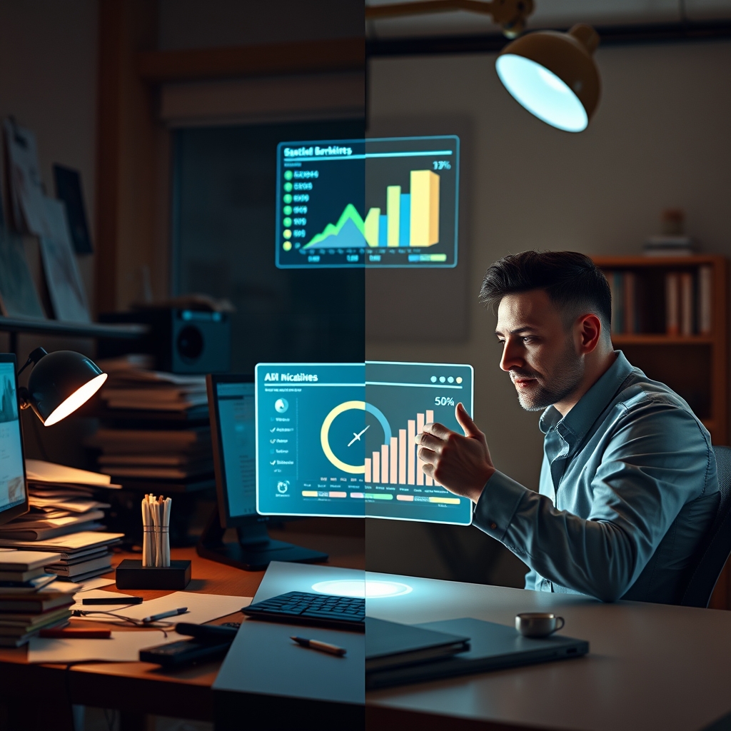A split-screen image showing on one side a messy desk with a tired marketer, and on the other side a clean desk where the marketer is confidently presenting to a holographic chart, assisted by a glowing AI interface.