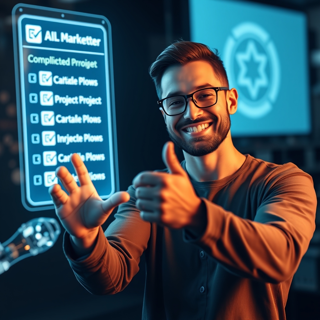 A 1인 marketer smiling confidently, giving a high-five to a glowing AI hologram, with a completed project checklist floating in the background, symbolizing successful collaboration.
