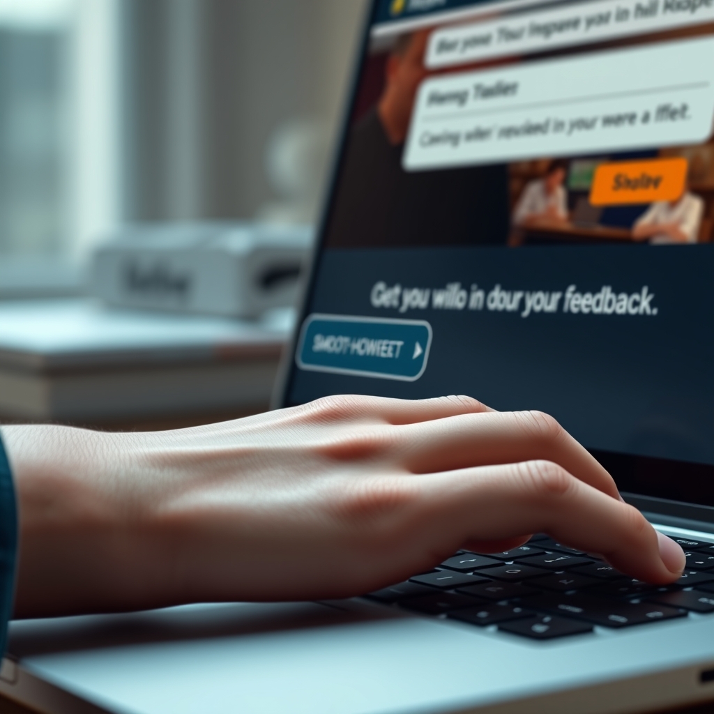 A close-up of a user's hand on a laptop trackpad, with a website interface on screen showing a smooth hover effect on a button, emphasizing speed and interactive feedback.