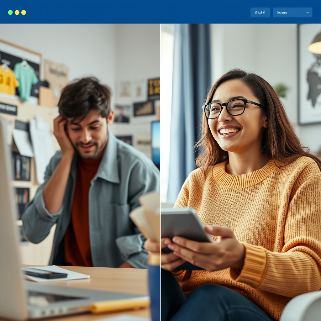 A split-screen image showing a frustrated user leaving a cluttered website on the left, versus a smiling user engaging with a clean, fast-loading website on the right, capturing the contrast in first impressions.