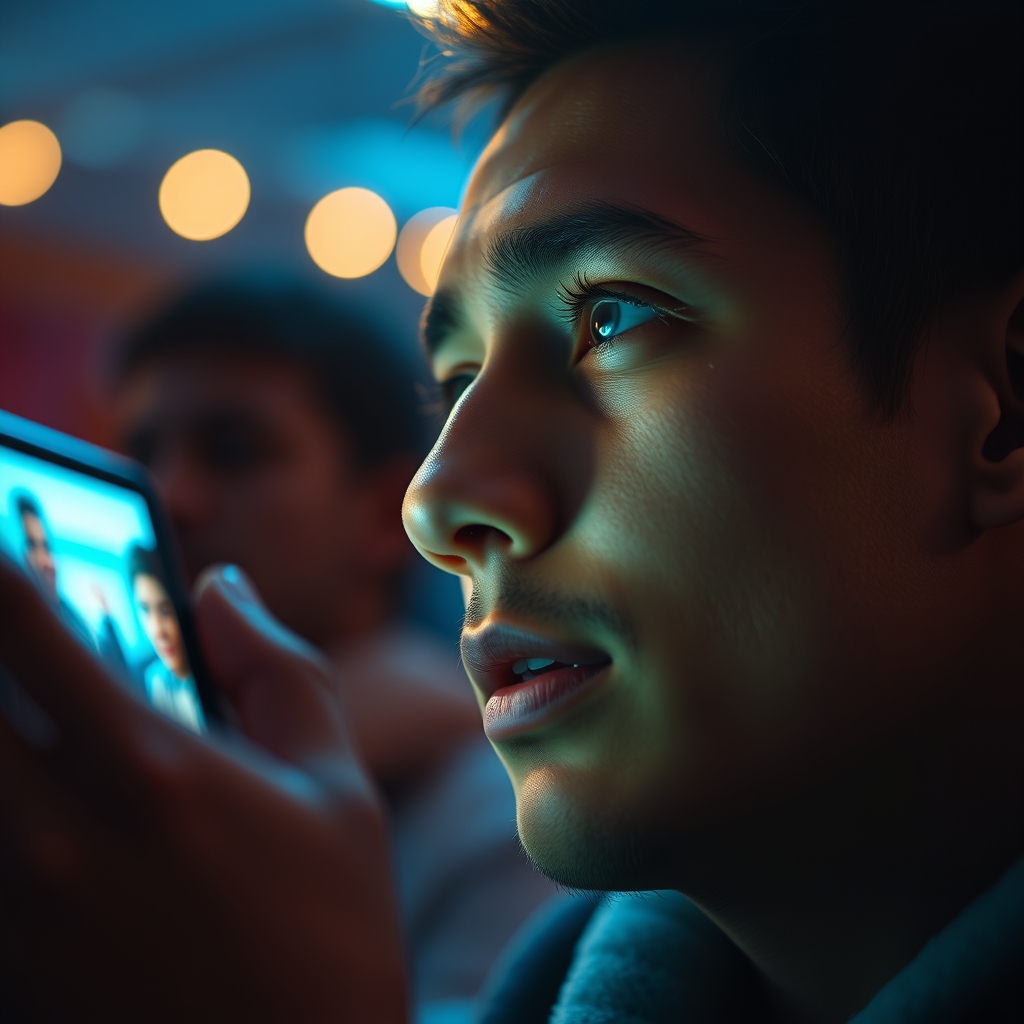 A close-up of a viewer's captivated face illuminated by a phone screen within the first 3 seconds of a vibrant video.