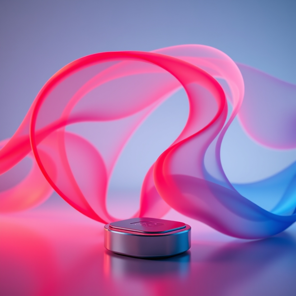 An abstract, artistic scene showing waves of color (red and blue) flowing like music notes over a simple product.