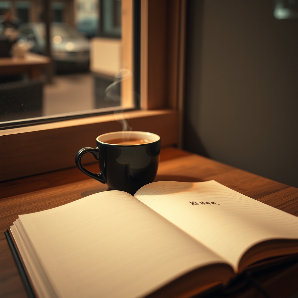A cozy, softly lit cafe corner with an open notebook and a steaming cup of coffee, where a handwritten note says 