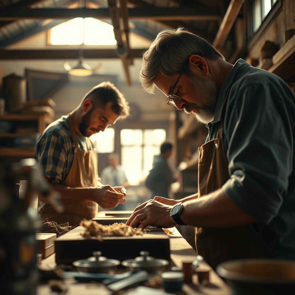 A behind-the-scenes photo of artisans carefully crafting a product in a warm workshop, with natural light streaming in.